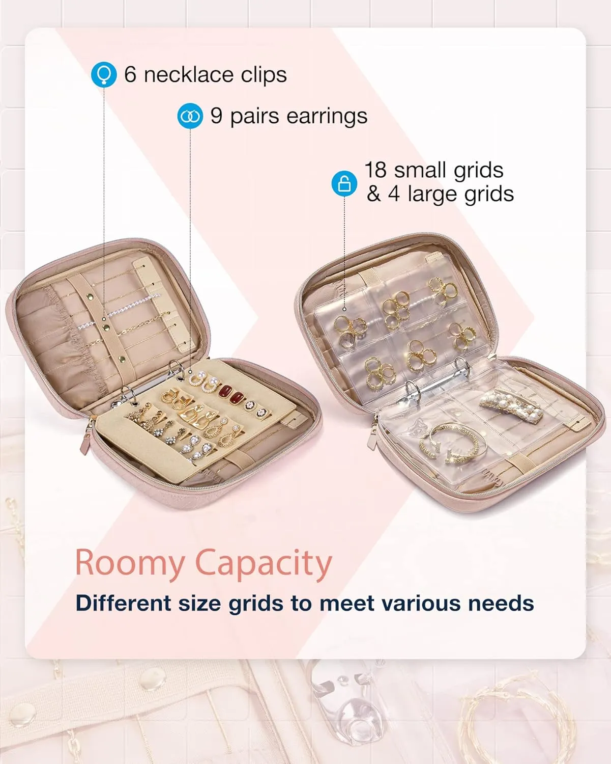 BAGSMART Jewelry Travel Organizer Case for Home Jewelry Organizer Storage Ring Binder Jewelry Bags Clear Jewelry Rolls Zipper Pouch Bag for Necklaces, Earrings, Rings, Bracelets, Pink