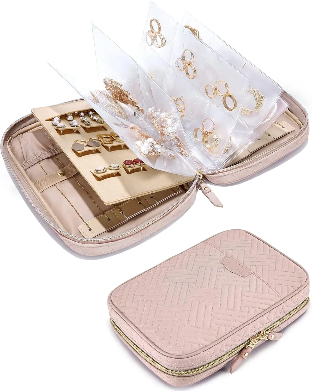 BAGSMART Jewelry Travel Organizer Case for Home Jewelry Organizer Storage Ring Binder Jewelry Bags Clear Jewelry Rolls Zipper Pouch Bag for Necklaces, Earrings, Rings, Bracelets, Pink