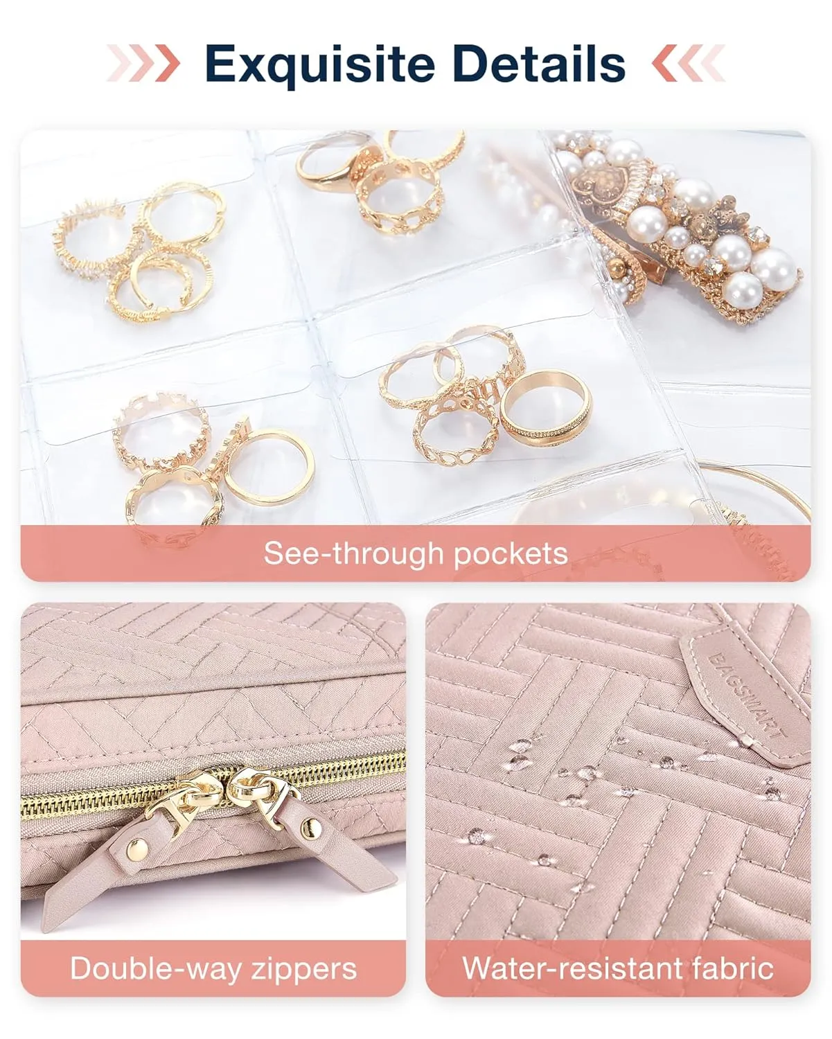BAGSMART Jewelry Travel Organizer Case for Home Jewelry Organizer Storage Ring Binder Jewelry Bags Clear Jewelry Rolls Zipper Pouch Bag for Necklaces, Earrings, Rings, Bracelets, Pink