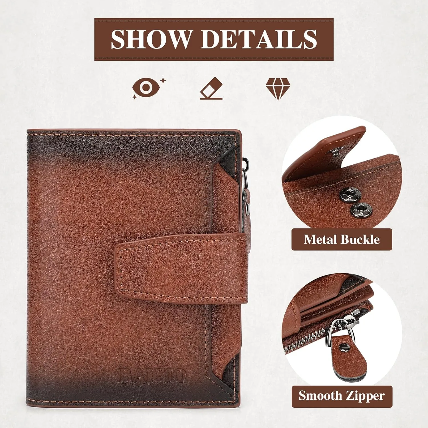 BAIGIO Genuine Leather Wallets for Men with Zipper RFID Card Holders Bifold Wallet for Men Purse Zip Coin Pocket