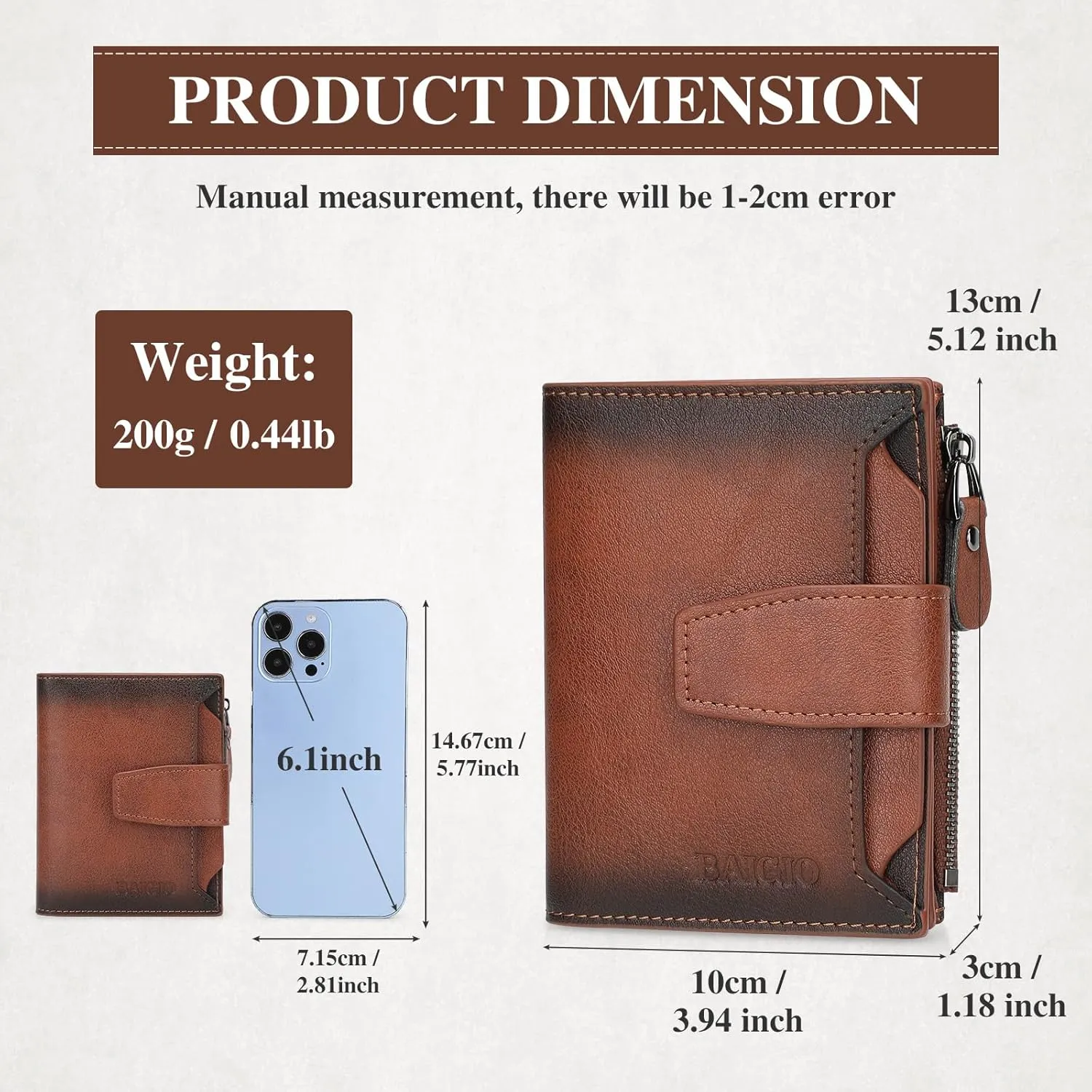 BAIGIO Genuine Leather Wallets for Men with Zipper RFID Card Holders Bifold Wallet for Men Purse Zip Coin Pocket