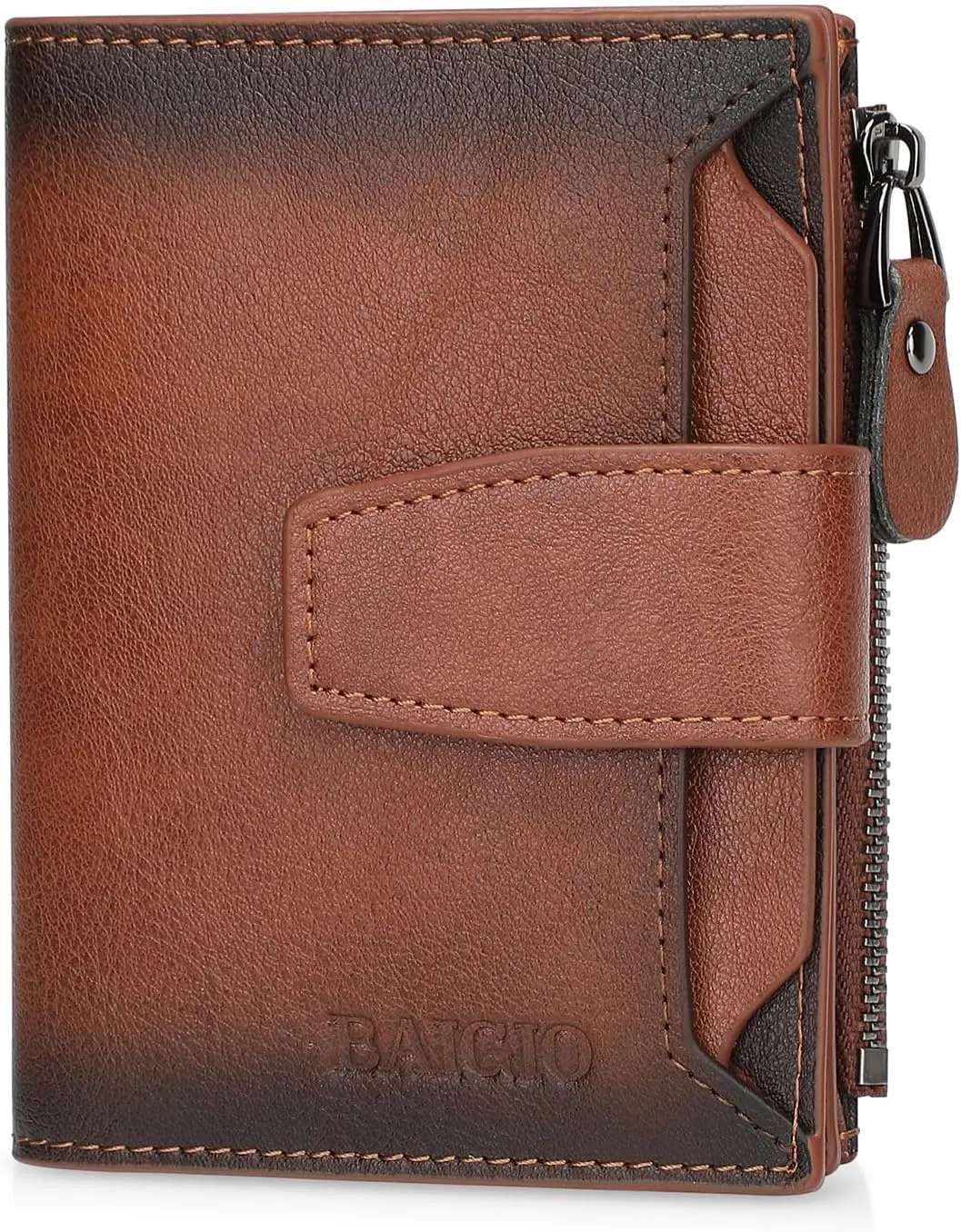 BAIGIO Genuine Leather Wallets for Men with Zipper RFID Card Holders Bifold Wallet for Men Purse Zip Coin Pocket