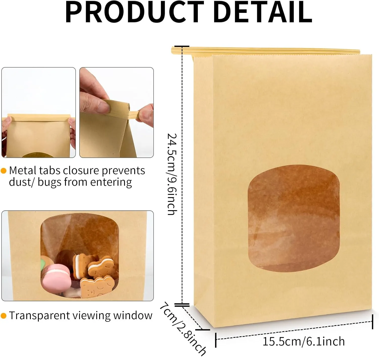 Bakery Bags 9.6x6.1x2.7" Brown With Window - 50 Pieces Kraft Paper Tin Tie Tab Lock for Cookies - Free Stickers Included