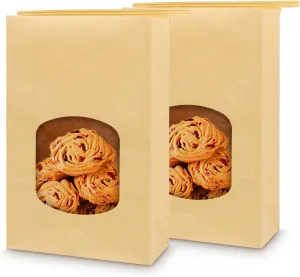 Bakery Bags 9.6x6.1x2.7" Brown With Window - 50 Pieces Kraft Paper Tin Tie Tab Lock for Cookies - Free Stickers Included