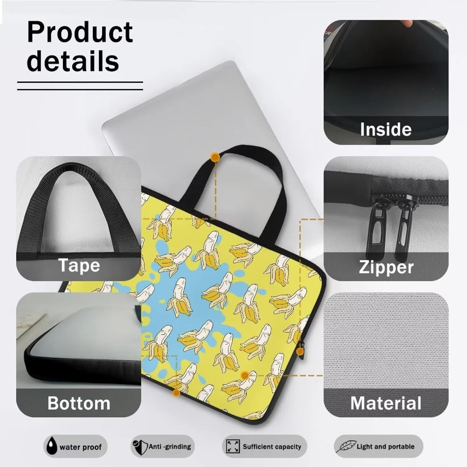 Bananas Print Laptop Tote Bags for Women Girls Laptop Work Bag with Handle 17.3Inch Large Teacher Laptop Tote Bag Cute Laptop Sleeve Case Computer Bag Notebook Bag Handbag Briefcase
