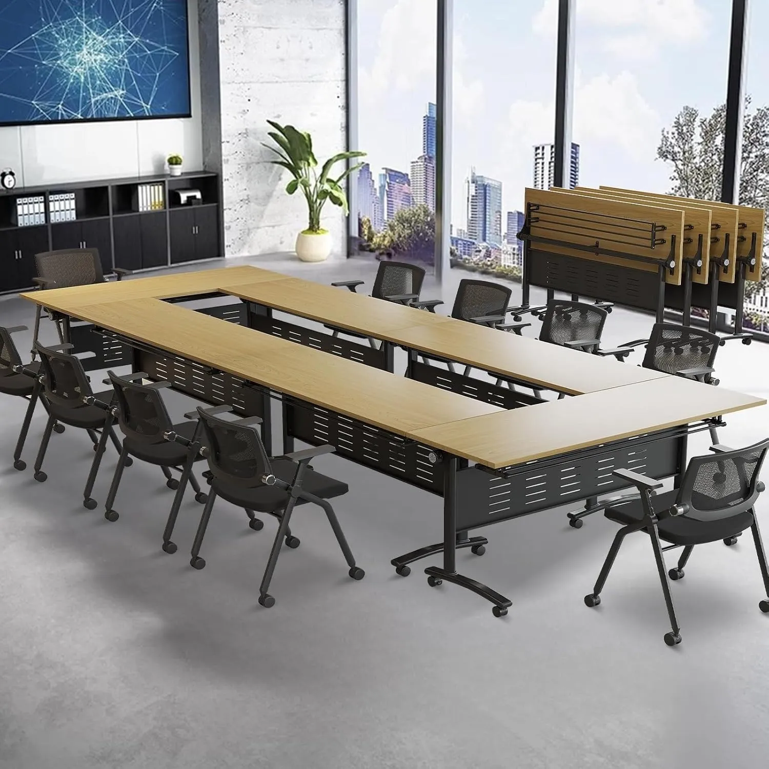 banquet tables 6-Pack Folding Conference Table for 12-16People Modern Flip Top Training Room Tables with Wheels Save Space Rectangle Office Meeting Table Computer Desk forStudy Writing Printer Podcast