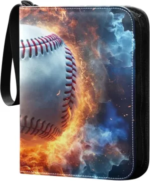Baseball Water Fire Card Binder 4 Pocket Collectible Trading Card Albums with 50 Sleeves Double Side PU Waterproof 3 Ring for Sports & Game Cards