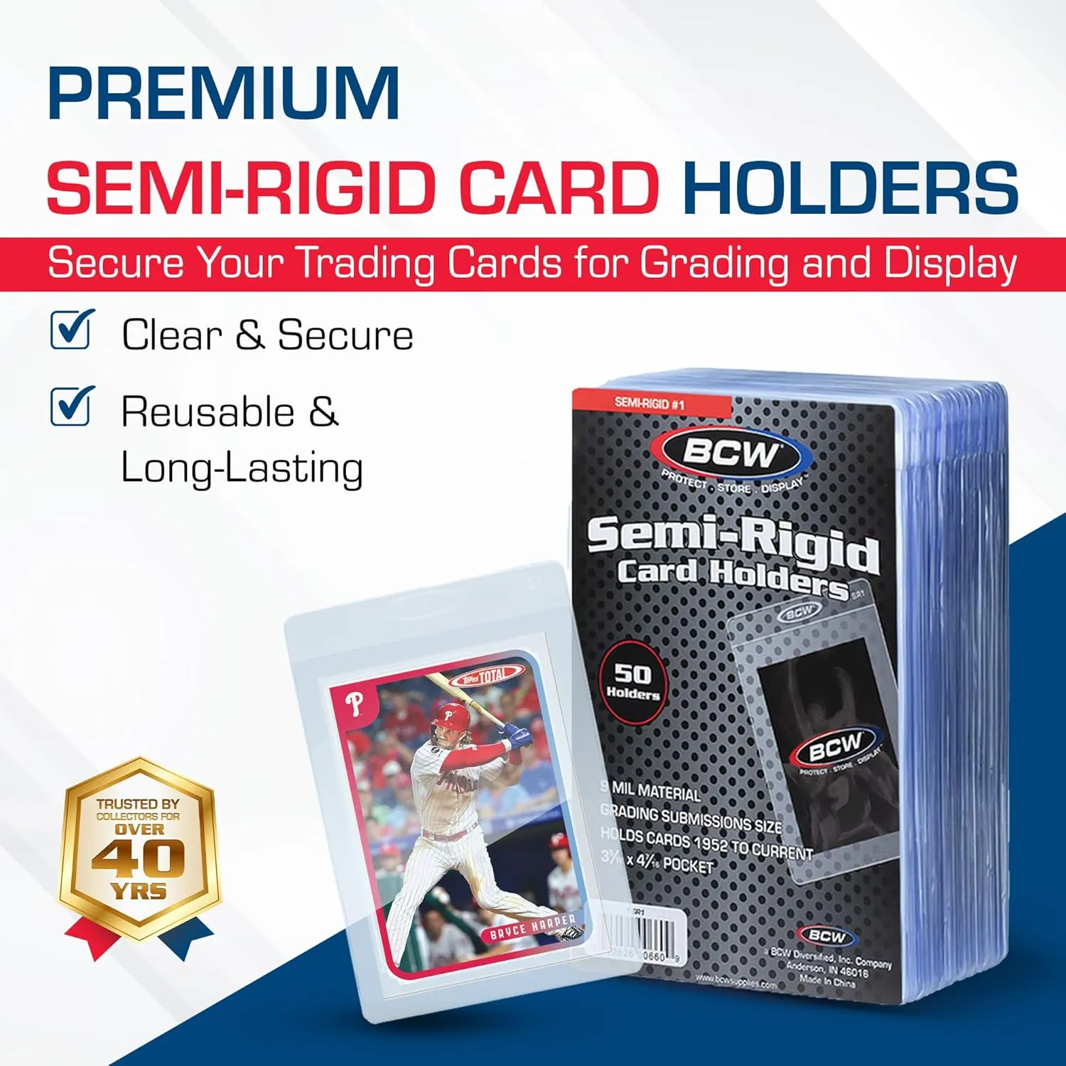 BCW Semi Rigid Card Holder #1 | 100 Pack | Semi Rigid Card Sleeves for Grading | PSA Submission Card Savers I for Sports, Pokémon, and Memorabilia Cards
