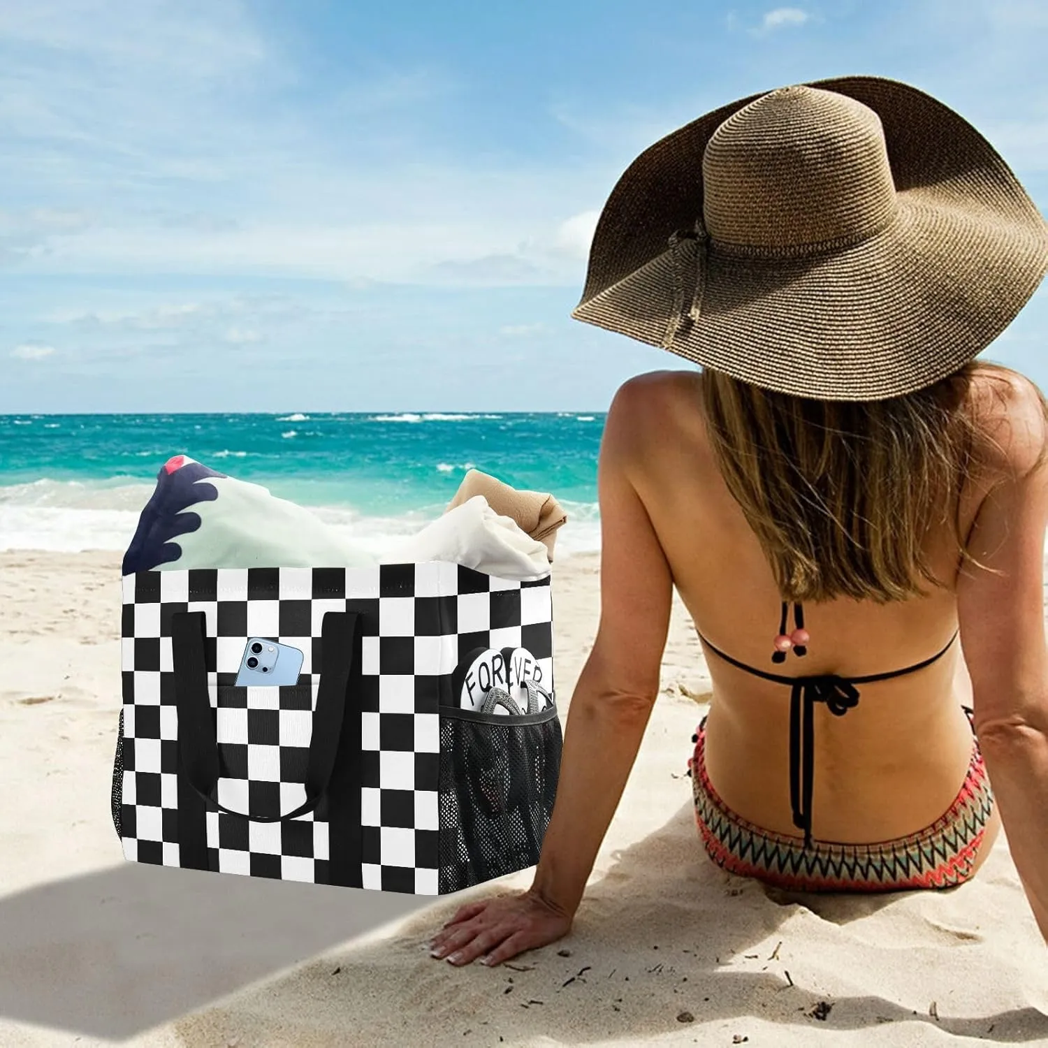 Beach Bag for Women Polka Dot Red Sandproof Pool Bags Large Canvas Tote Bag with Pocket for Travel Beach Gym Pool