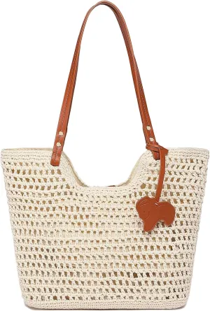 Beach Bag,Woven Beach Bags for Women With Pockets,Vacation Handbags Straw Bag