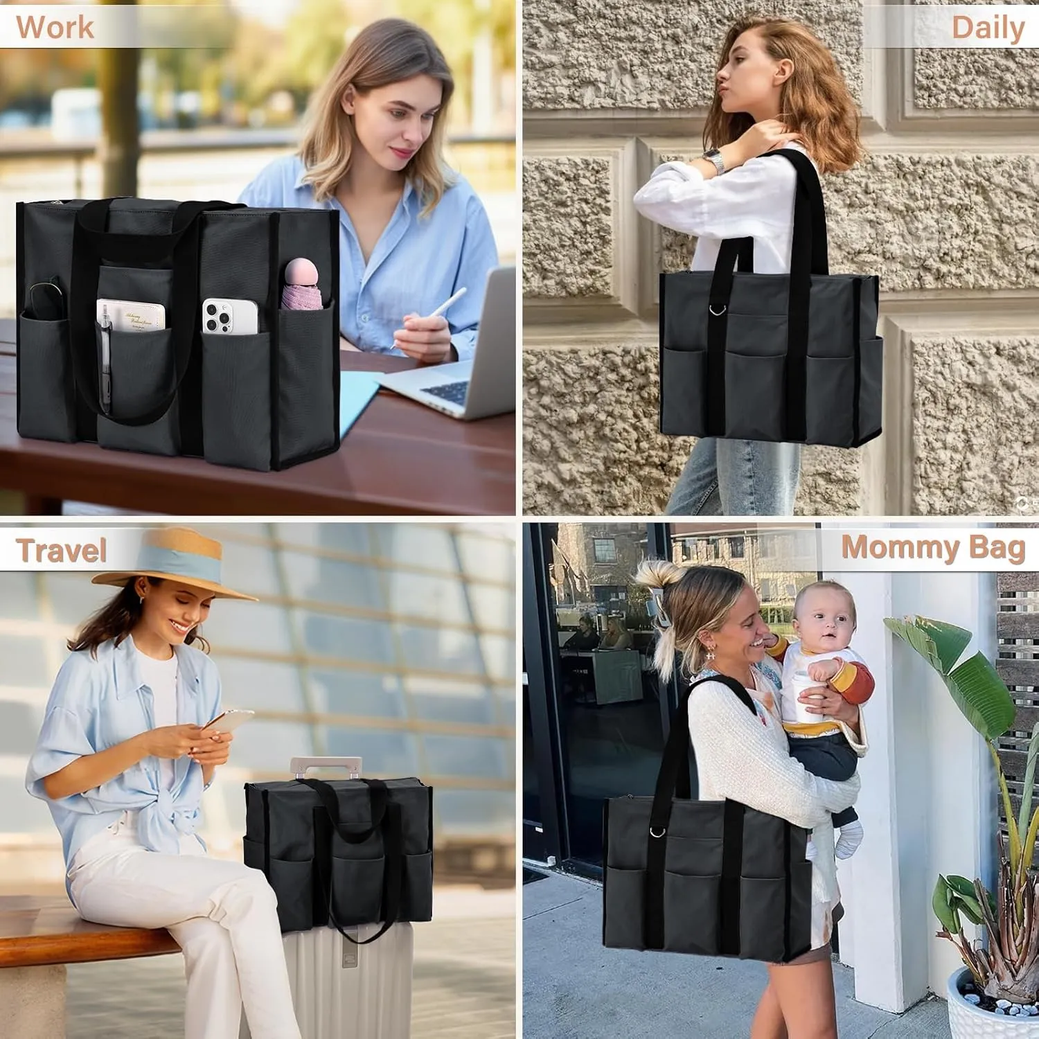 Becokan Large Tote Bag for Women Waterproof with 12 Pockets Top Zipper Closure Utility Teacher Nurse Bags for Work School