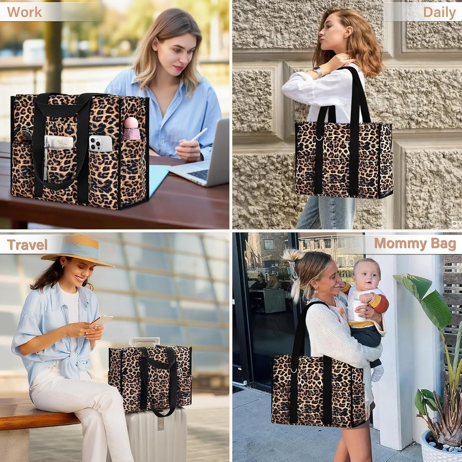 Becokan Large Tote Bag for Women Waterproof with 12 Pockets Top Zipper Closure Utility Teacher Nurse Bags for Work School