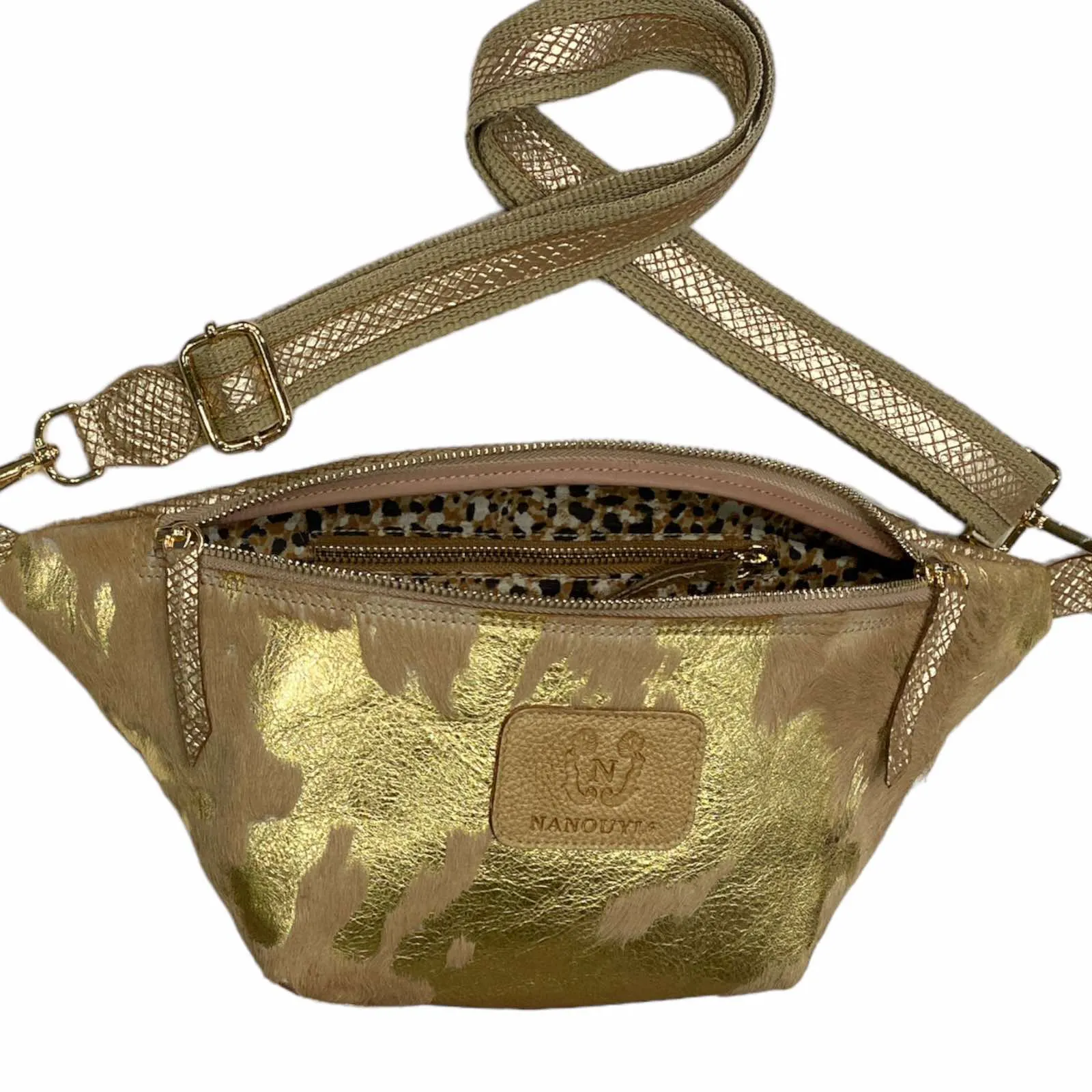 Beige and gold vintage calf-hair leather belt bag