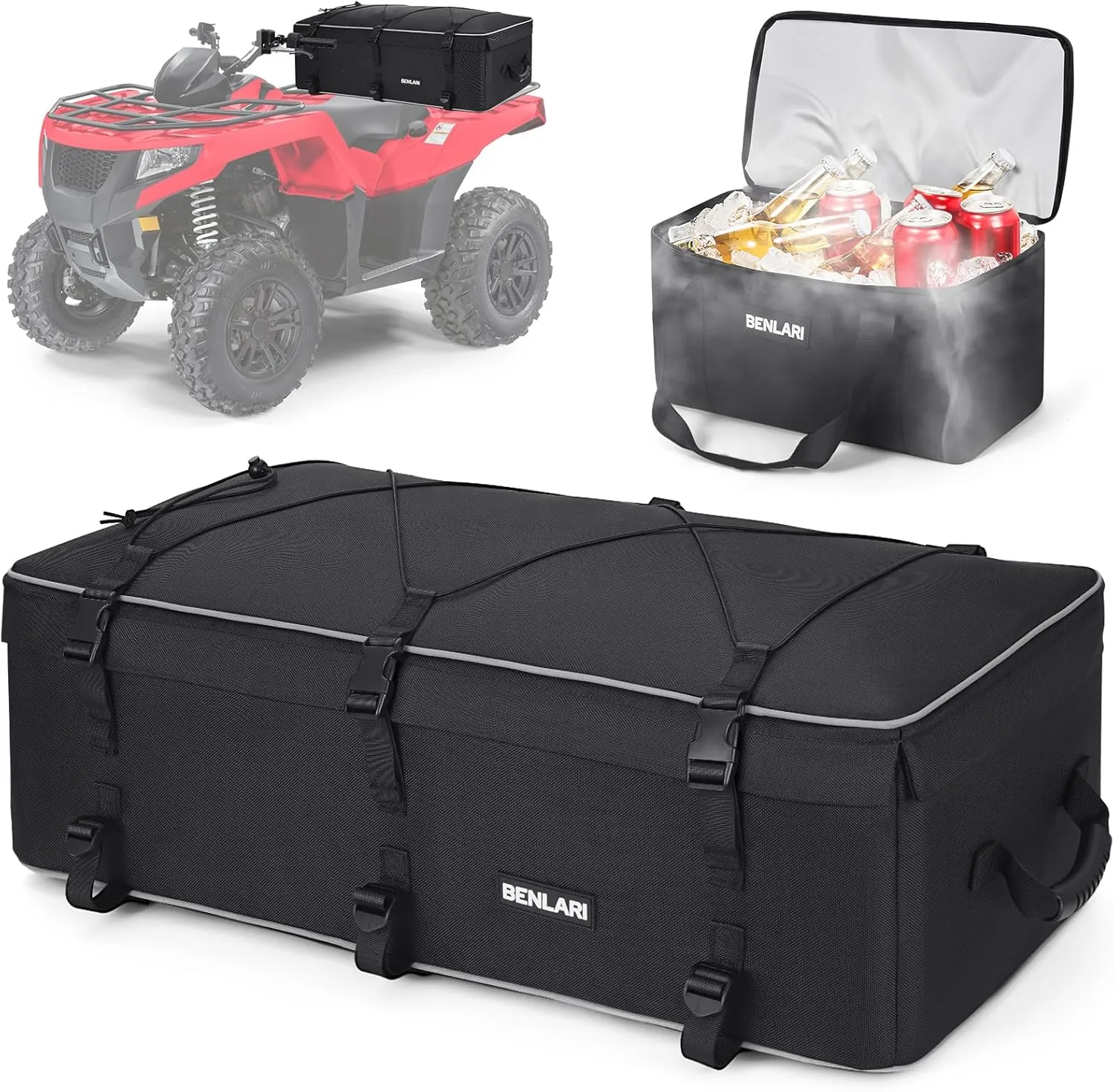 Benlari ATV Gear Bag, ATV Storage Bags for Front Rear Rack, Upgraded Double-Layer Waterproof Design ATV Cargo Bag with Cooler Bag Compatible with Polaris Sportsman Fourtrax Kawasaki Arctic Cat