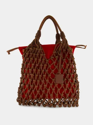 Big Marble Red Dahlia Leather Macramé Maxi Purse