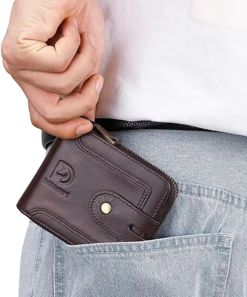 bill heart Men Wallet with Zipper Genuine leather Bifold Purse for Mens ID Window and Coin Pocket…