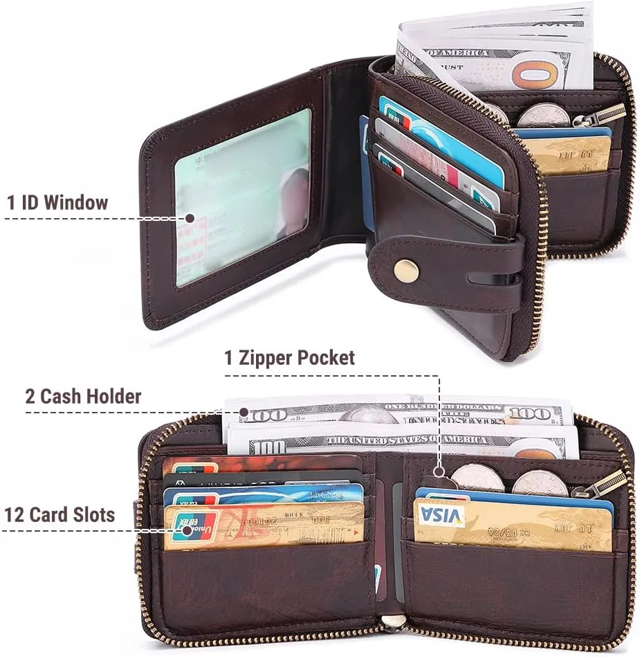 bill heart Men Wallet with Zipper Genuine leather Bifold Purse for Mens ID Window and Coin Pocket…