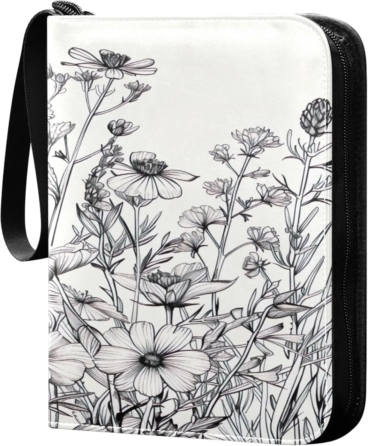 Black and White Flowers Card Binder 4 Pocket Collectible Trading Card Albums with 50 Sleeves Double Side PU Waterproof 3 Ring for Sports & Game Cards