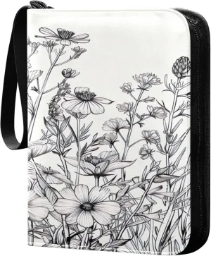 Black and White Flowers Card Binder 4 Pocket Collectible Trading Card Albums with 50 Sleeves Double Side PU Waterproof 3 Ring for Sports & Game Cards
