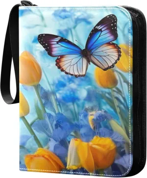 Blue Beautiful Butterflies Card Binder 4 Pocket Collectible Trading Card Albums with 50 Sleeves Double Side PU Waterproof 3 Ring for Sports & Game Cards