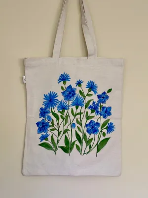 Blue Blossoms - Hand Painted, Canvas Tote Bag