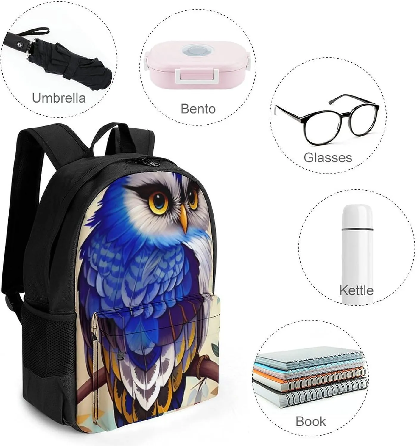 Blue Feather Owls Paintings Shoulder Book Bags Polyester Multipurpose Anti-Theft Carry On Bag Large Capacity Travel Hiking & Camping Rucksack