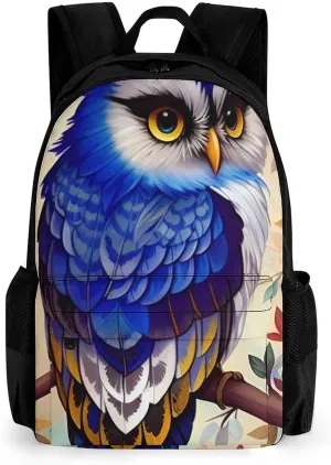 Blue Feather Owls Paintings Shoulder Book Bags Polyester Multipurpose Anti-Theft Carry On Bag Large Capacity Travel Hiking & Camping Rucksack