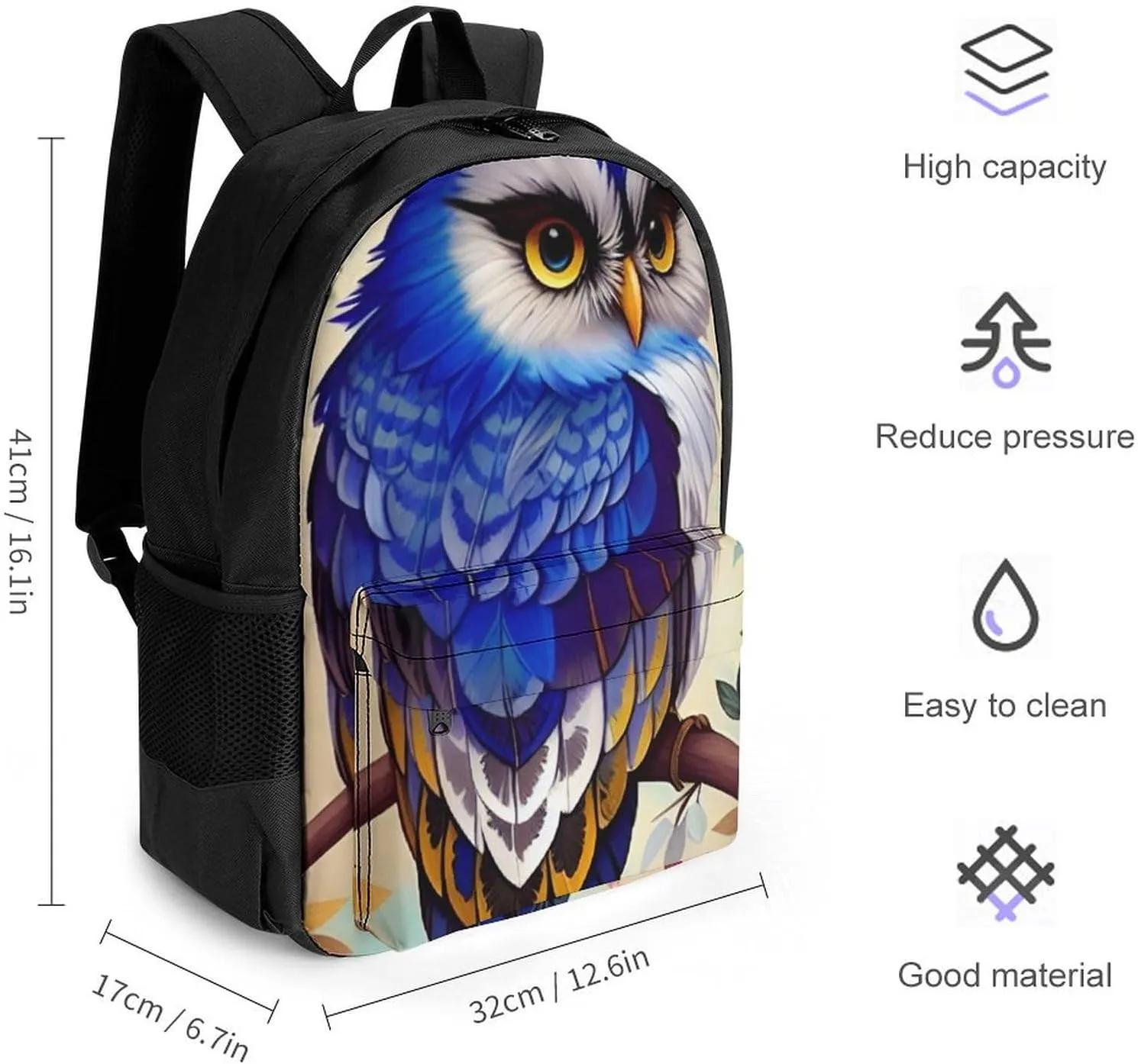 Blue Feather Owls Paintings Shoulder Book Bags Polyester Multipurpose Anti-Theft Carry On Bag Large Capacity Travel Hiking & Camping Rucksack