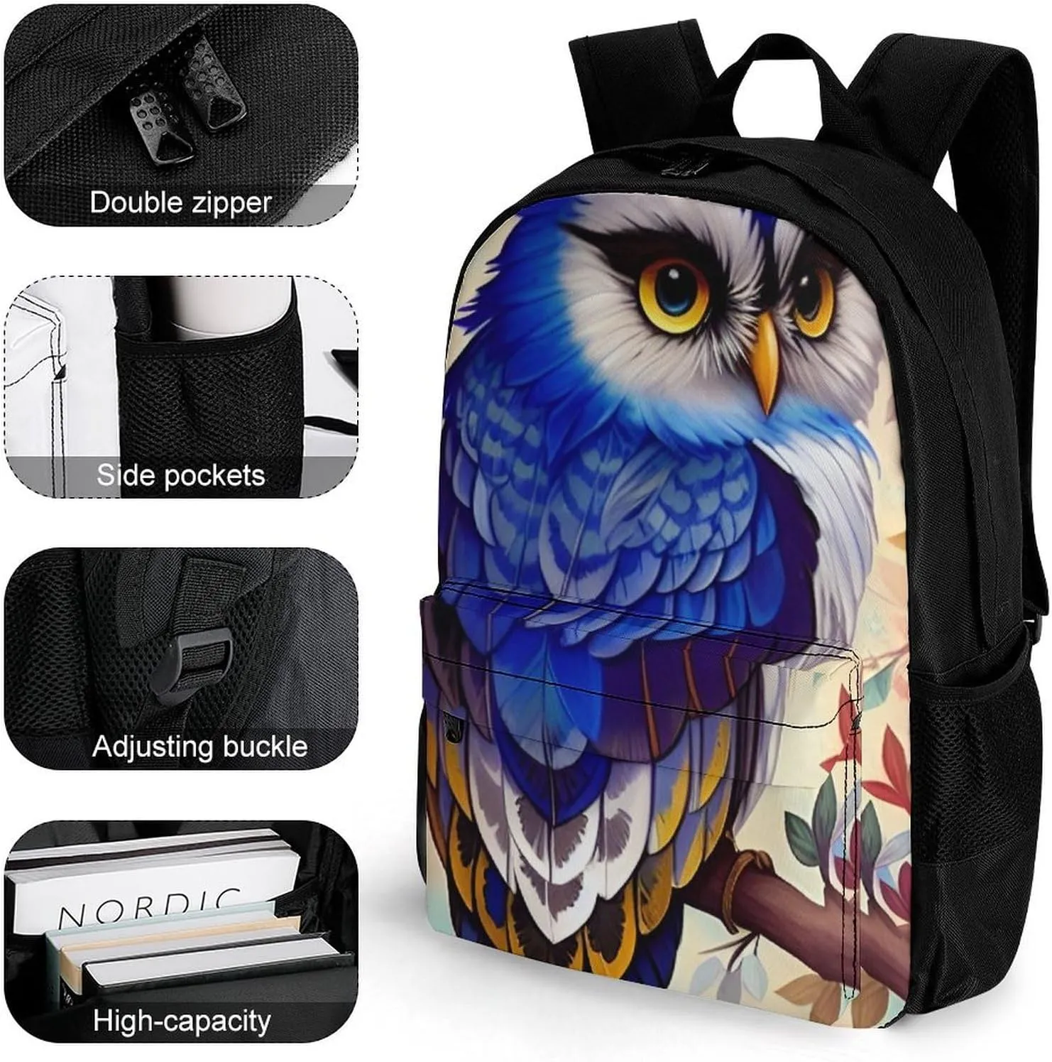 Blue Feather Owls Paintings Shoulder Book Bags Polyester Multipurpose Anti-Theft Carry On Bag Large Capacity Travel Hiking & Camping Rucksack