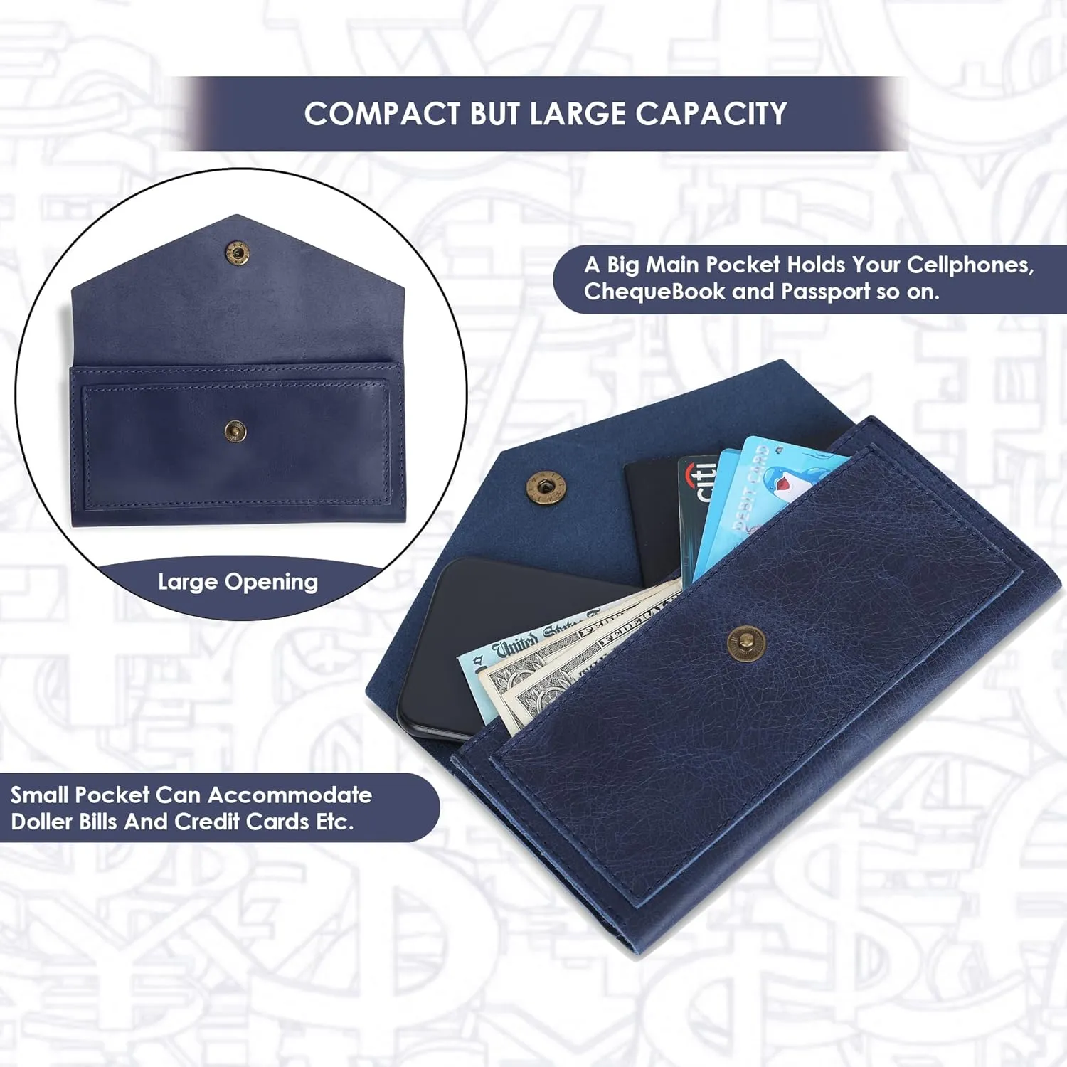 Blue Leather Cash Envelopes for Money Pouch Currency Holders - Soft Leather Money Bag Mobile Holder for Travel - Genuine Leathers Wallets for Women Money Bag - Travel Money Pouch Cash Holder