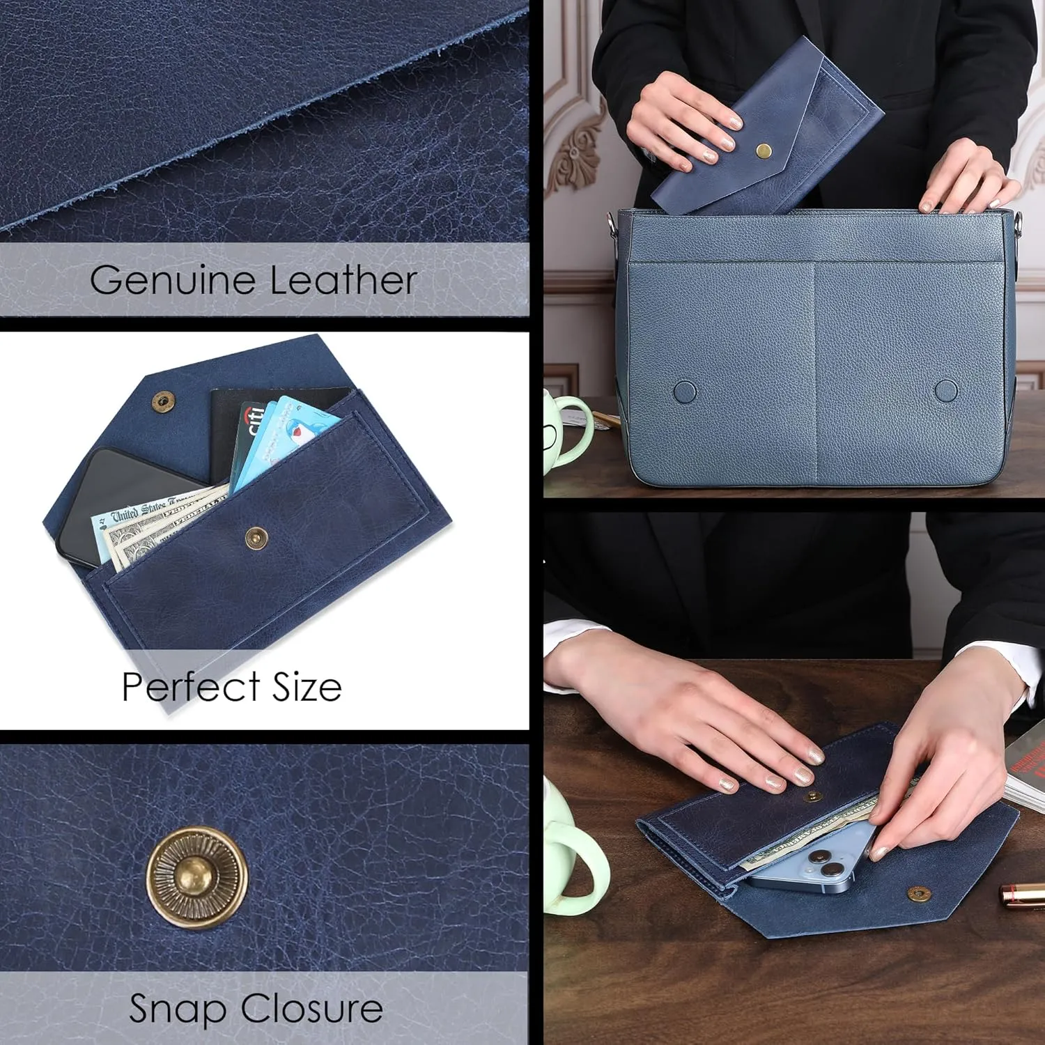 Blue Leather Cash Envelopes for Money Pouch Currency Holders - Soft Leather Money Bag Mobile Holder for Travel - Genuine Leathers Wallets for Women Money Bag - Travel Money Pouch Cash Holder