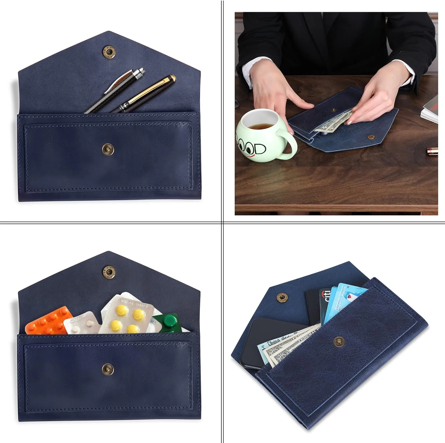 Blue Leather Cash Envelopes for Money Pouch Currency Holders - Soft Leather Money Bag Mobile Holder for Travel - Genuine Leathers Wallets for Women Money Bag - Travel Money Pouch Cash Holder