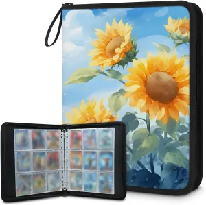 Blue Sky Sunflower 3 Ring Trading Zipper Binder Strap, Trading Card Binder 4 Pocket, 400 Pockets Card Holder with 50 Removable Sleeves for Game Cards