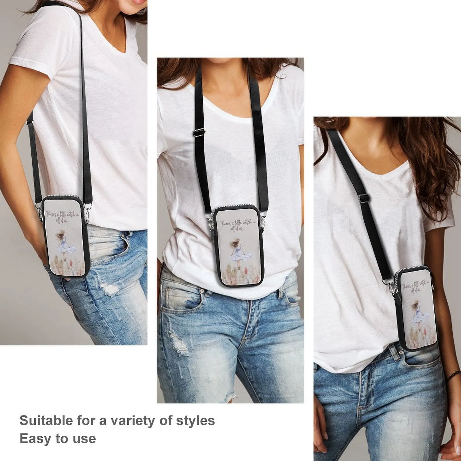 Boho Girl Cell Phone Crossbody Pouch, Personalized Crossbody Pouch