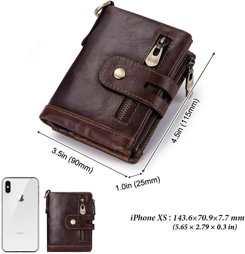 boshiho Real Leather RFID Blocking Bifold Wallets for Men Double Zipper Coin Pocket Purse with Anti-Theft Chain