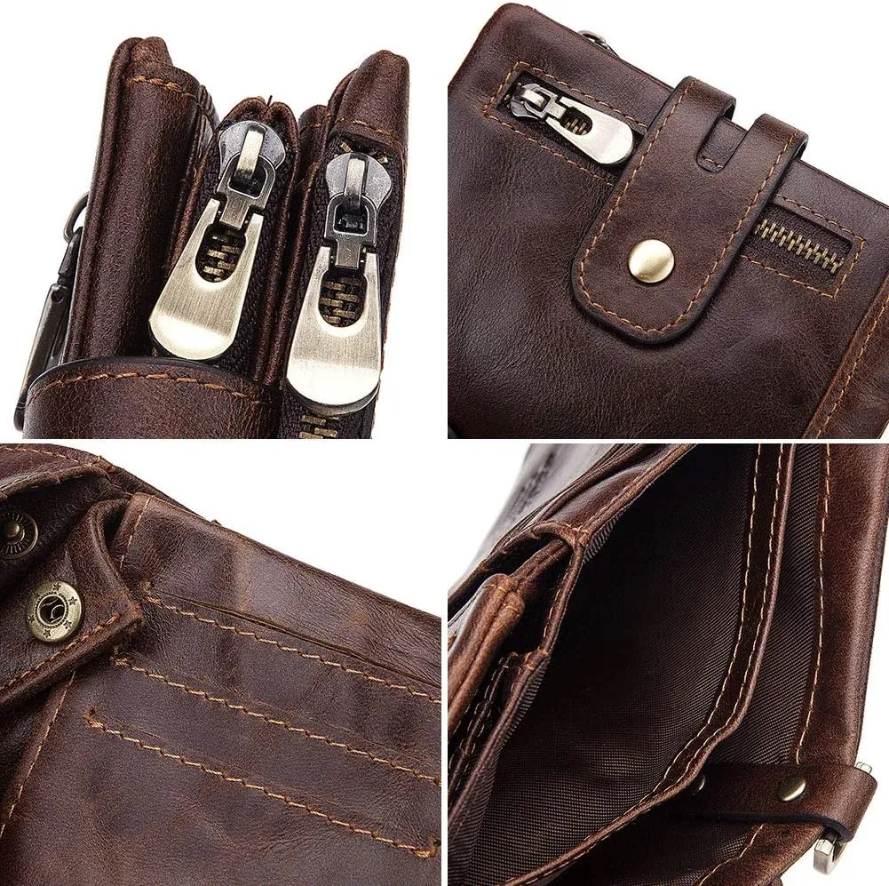 boshiho Real Leather RFID Blocking Bifold Wallets for Men Double Zipper Coin Pocket Purse with Anti-Theft Chain