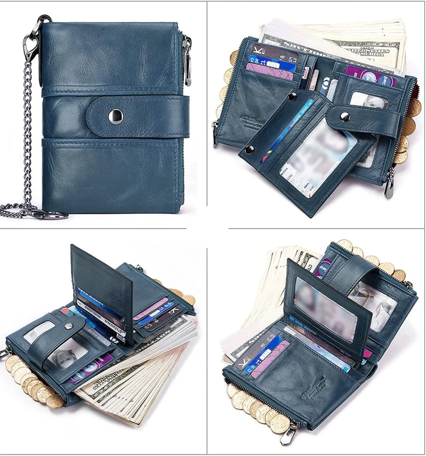 boshiho Real Leather RFID Blocking Bifold Wallets for Men Double Zipper Coin Pocket Purse with Anti-Theft Chain