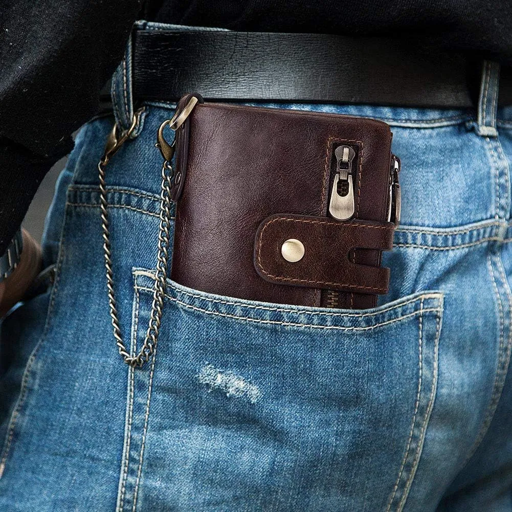 boshiho Real Leather RFID Blocking Bifold Wallets for Men Double Zipper Coin Pocket Purse with Anti-Theft Chain