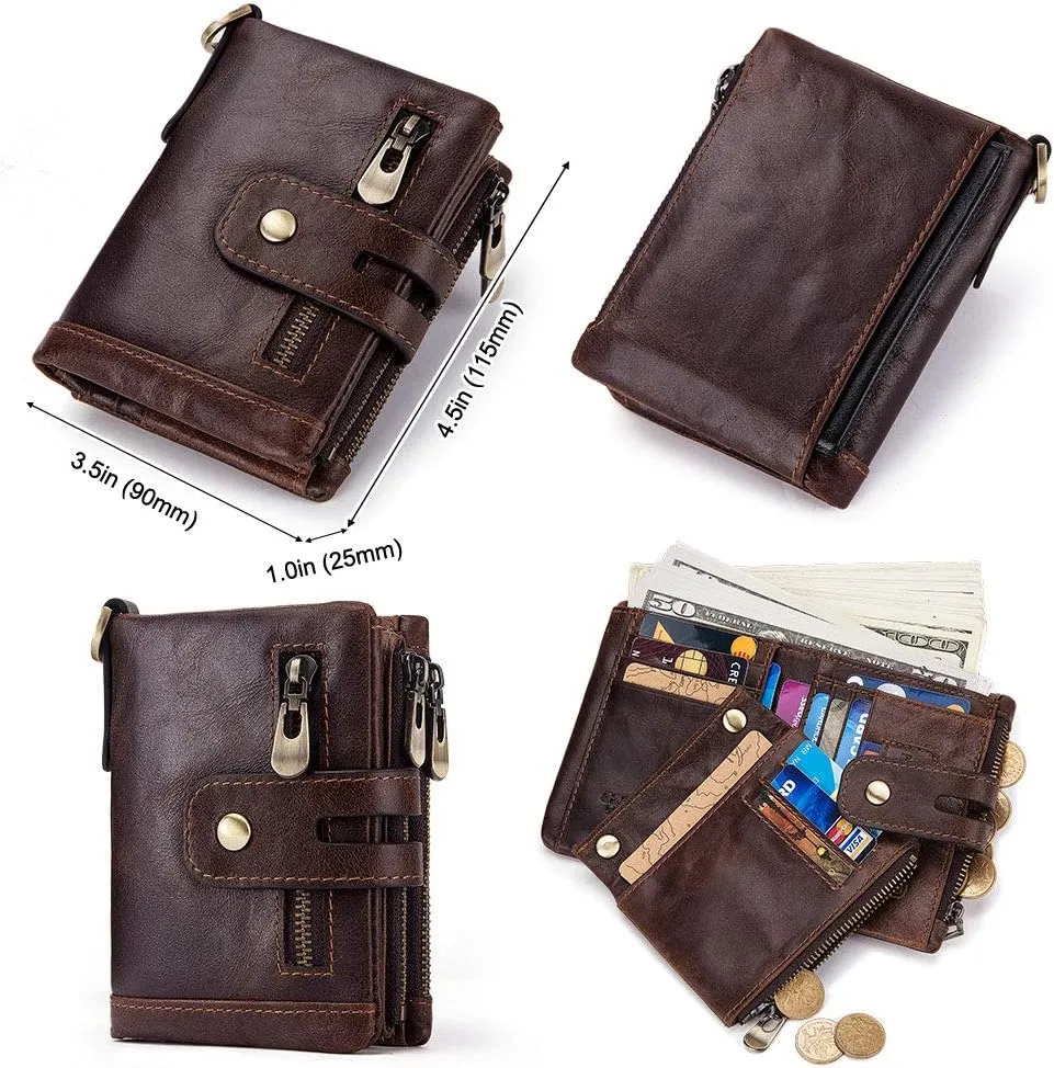 boshiho Real Leather RFID Blocking Bifold Wallets for Men Double Zipper Coin Pocket Purse with Anti-Theft Chain