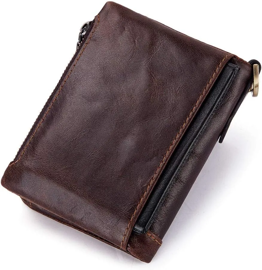 boshiho Real Leather RFID Blocking Bifold Wallets for Men Double Zipper Coin Pocket Purse with Anti-Theft Chain