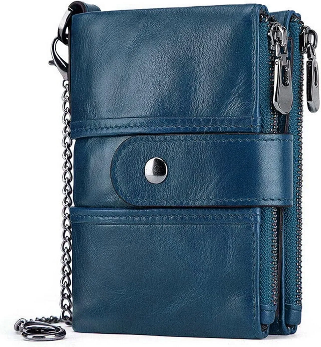 boshiho Real Leather RFID Blocking Bifold Wallets for Men Double Zipper Coin Pocket Purse with Anti-Theft Chain