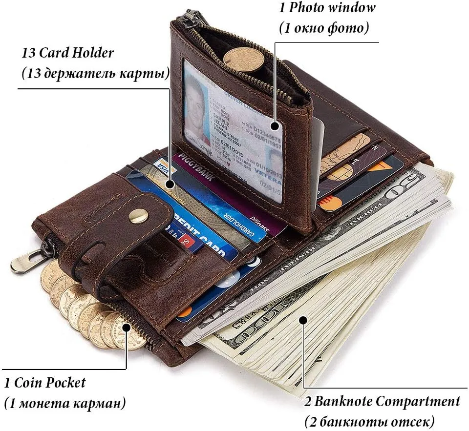 boshiho Real Leather RFID Blocking Bifold Wallets for Men Double Zipper Coin Pocket Purse with Anti-Theft Chain