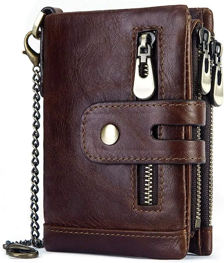 boshiho Real Leather RFID Blocking Bifold Wallets for Men Double Zipper Coin Pocket Purse with Anti-Theft Chain