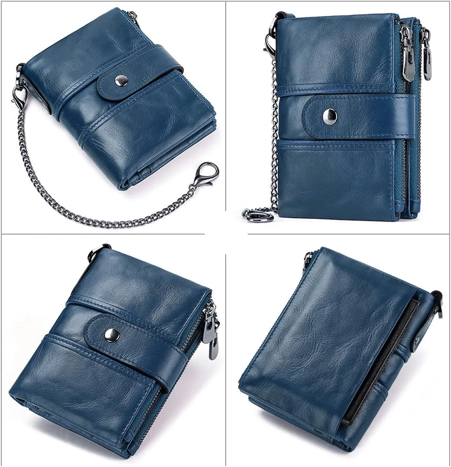 boshiho Real Leather RFID Blocking Bifold Wallets for Men Double Zipper Coin Pocket Purse with Anti-Theft Chain