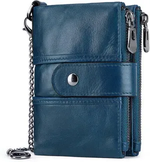 boshiho Real Leather RFID Blocking Bifold Wallets for Men Double Zipper Coin Pocket Purse with Anti-Theft Chain