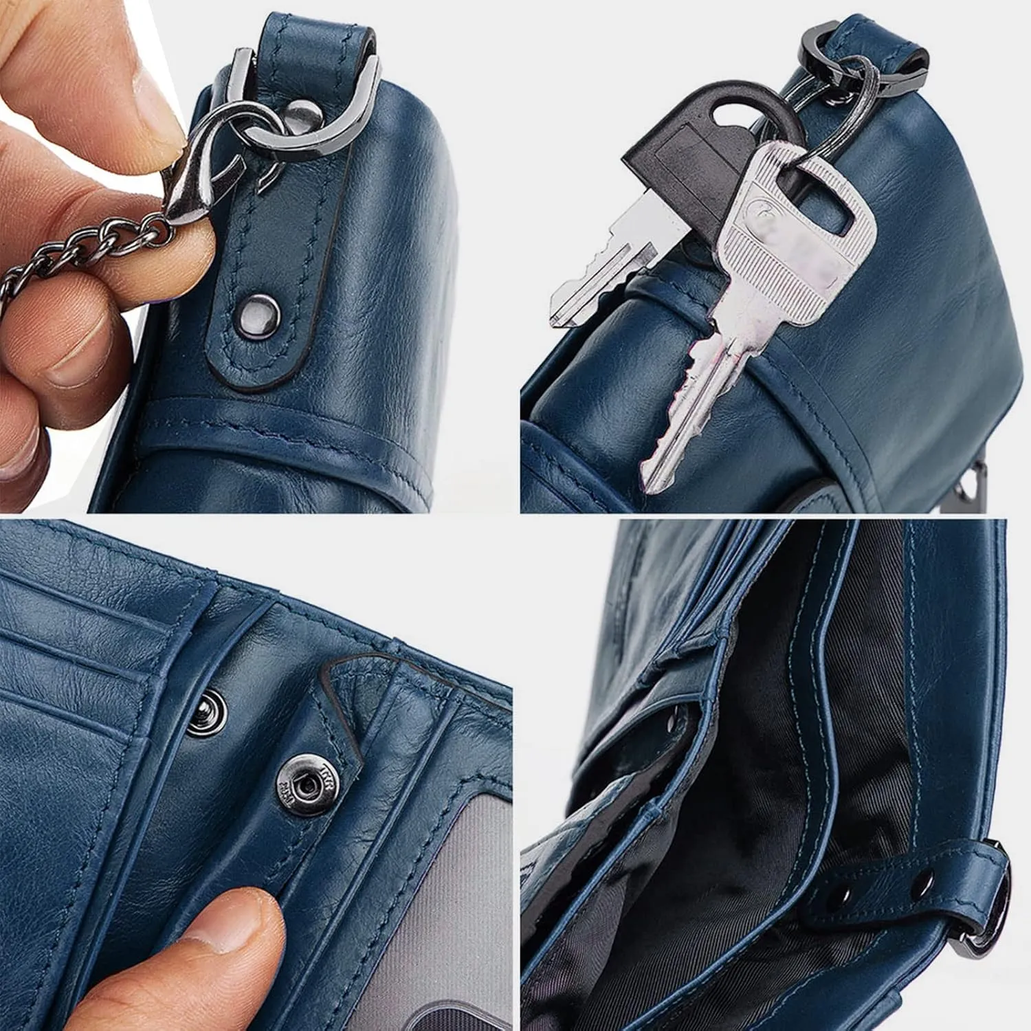 boshiho Real Leather RFID Blocking Bifold Wallets for Men Double Zipper Coin Pocket Purse with Anti-Theft Chain