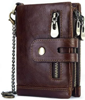 boshiho Real Leather RFID Blocking Bifold Wallets for Men Double Zipper Coin Pocket Purse with Anti-Theft Chain