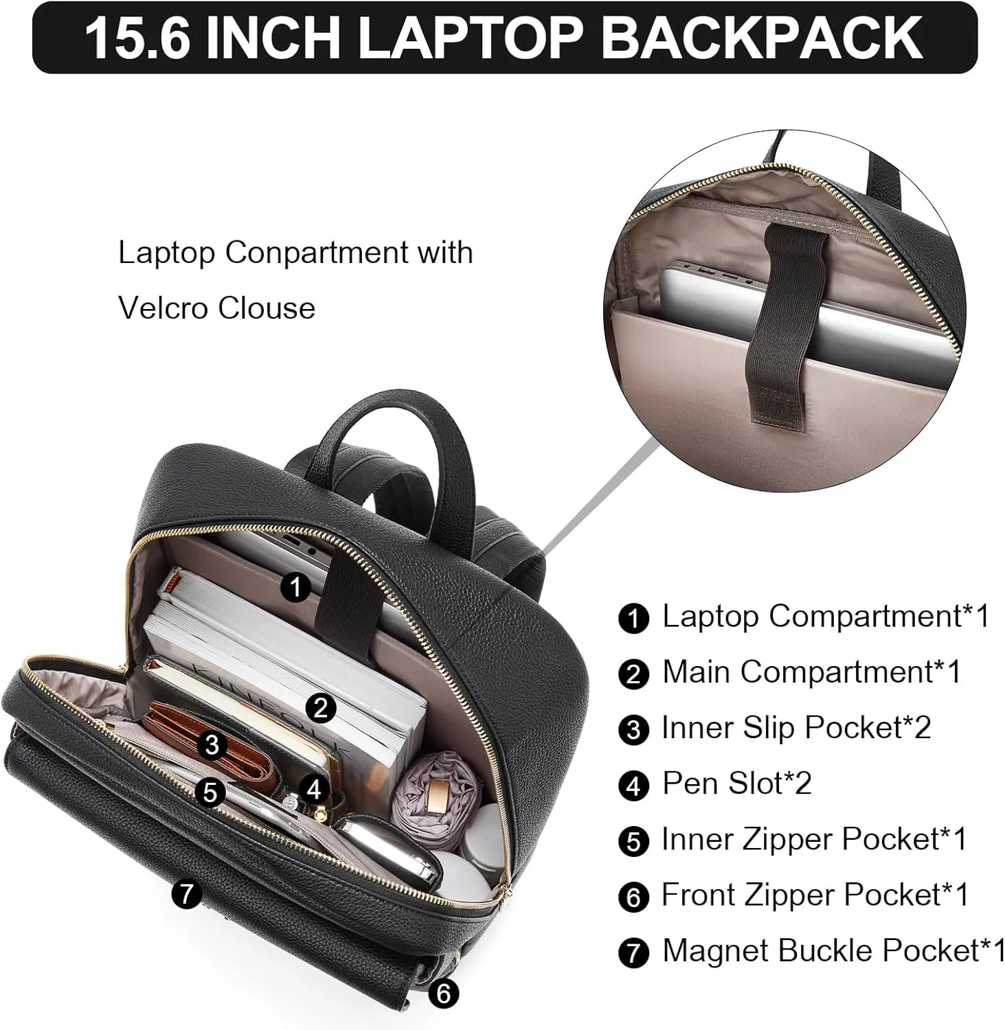 BOSTANTEN Leather Backpack for Women 15.6 inch Laptop Backpack Purse Casual Business Travel Computer Shoulder Bags with Trolley Sleeve Black