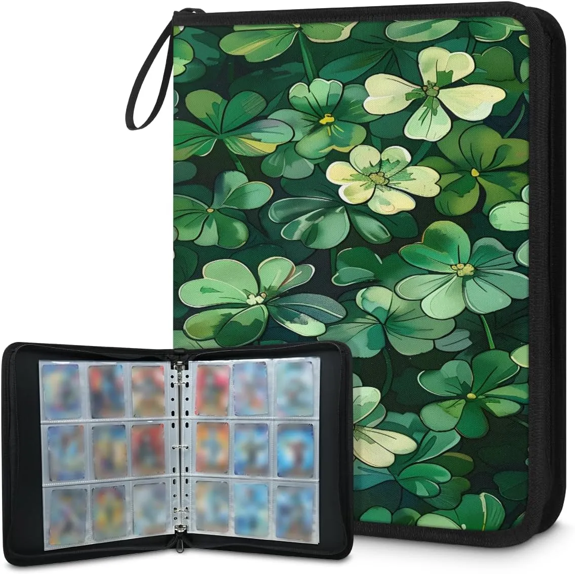 Bright Clovers 3 Ring Trading Zipper Binder Strap, Trading Card Binder 4 Pocket, 400 Pockets Card Holder with 50 Removable Sleeves for Game Cards