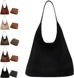 Brown Suede Bag,Suede Purse,Brown Suede Handbag,Suede Purses for Women,Chocolate Slouchy Tote Shoulder Handbags (Black)